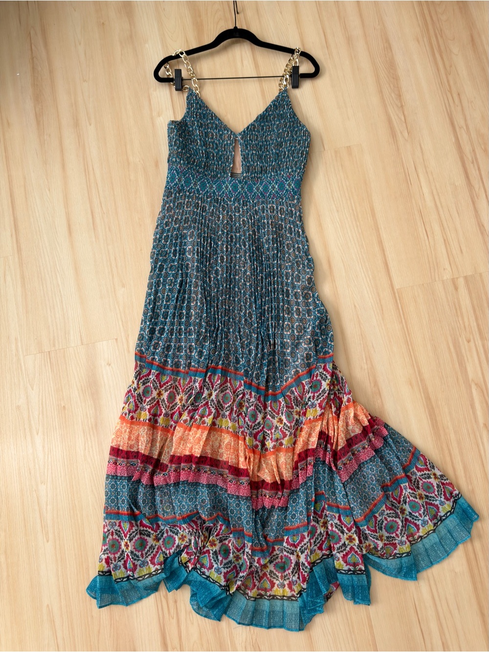 🍉Alice + Olivia Gloria Blue Teal Pleated Maxi Dress Gold Chain Straps